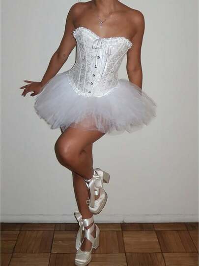 Women Swan Costume Frills Tube Top With Mini Tulle Skirt Halloween Cosplay Costume