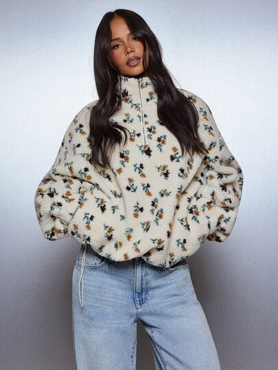 MISSGUIDED Floral Sherpa Quarter Zip Pullover Oversized High Neck Fluffy Fleece Sweatshirt Cozy Fall Winter Teddy Top With Drawstring Hem