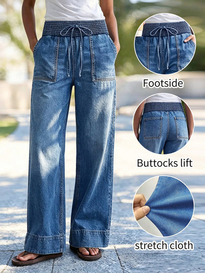 Women's Casual And Elegant Wide-Leg Denim Trousers, Featuring Pockets And A Gathered Waistband, Long, Washed, And Relaxed Fit.