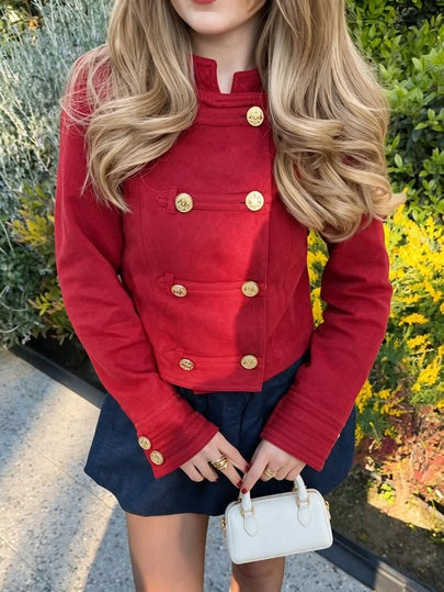 Women's Autumn New French Vintage Stand Collar Bright Red Double-Breasted Gold Button Short Jacket, Petite Height-Enhancing Waist-Cinching Commuter Top