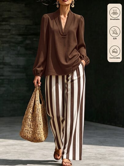 SHEIN Women's Black Long Sleeve Shirt And Striped Pants Casual Set, Daily Commute Work Outfit, Autumn Two Pieces Set, Linen Set, Black And White Set, Old Money Style