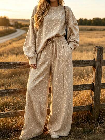 Women's Autumn/Winter Bestselling Printed Casual Outfit, Button Front Shirt & Drawstring Wide Leg Pants, Lightweight 2 Piece Casual Set
