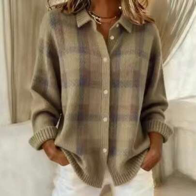 Women's Fall Winter Blue And Orange Plaid Lapel Button Down Long Sleeve Knit Cardigan Casual Top