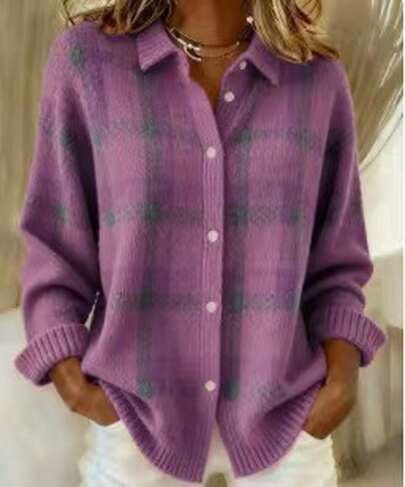 Women's Fall Winter Blue And Orange Plaid Lapel Button Down Long Sleeve Knit Cardigan Casual Top