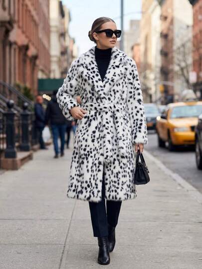 Women's Dalmatian Print Belted Faux Fur Coat - Long Sleeve Lapel Collar Warm Winter Overcoat Glamorous Spotted Pattern Long Faux Fur Trench Coat