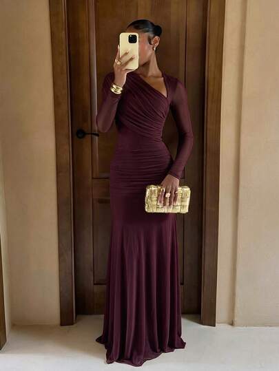 Lumalex Asymmetrical Pleated Long Sleeve Fitted Dress, Green, Suitable For Wedding Guests, Summer Women's Dress, Elegant Bohemian Style, Soft Elegant