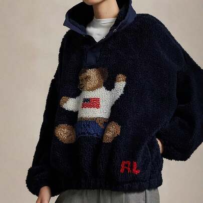 New Autumn/Winter Women's Bear Print Plush Jacket, Loose Stand Collar, Casual Style Coat