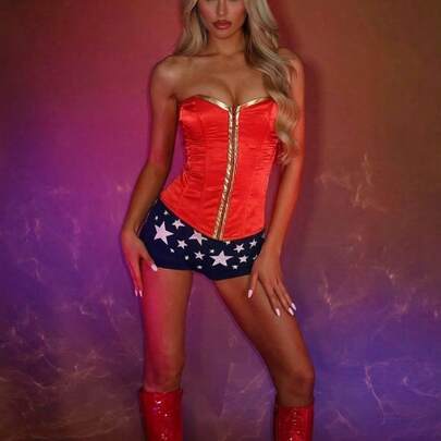 Halloween Superhero Cosplay Costume, Strapless Red Gold‑Trim Corset Top + Star Print Shorts Set, Women Fancy Party Role‑Play Outfit