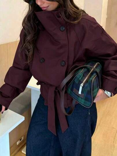 Women's Autumn Burgundy Double-Breasted Stand Collar Belted Trench Coat, Drop Shoulder Long Sleeve Woven Short Jacket, Winter Outfit Essential Top