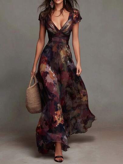 Romantic Muted Watercolor Floral Flutter Sleeve Maxi Dress, Wrap V Ruched Waist Pleated Chiffon For Summer Vacation Beach Dinner Formal Gala