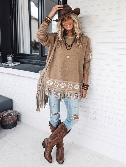 LanaWest Women's European & American Style Geometric Jacquard Knit Sweater With Tassel Hem, Loose Fit, Dropped Shoulder, Mid-Length