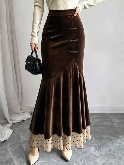 Elenzga Chinese Vintage Frog Button High Waist Mermaid Skirt, Brown Velvet Contrast Mesh Ruffle Hem Slim Fit Bodycon Midi Skirt