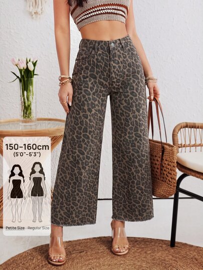 SHEIN PETITE Women's Leopard Print Pocket Casual Loose Straight Leg Denim Pants