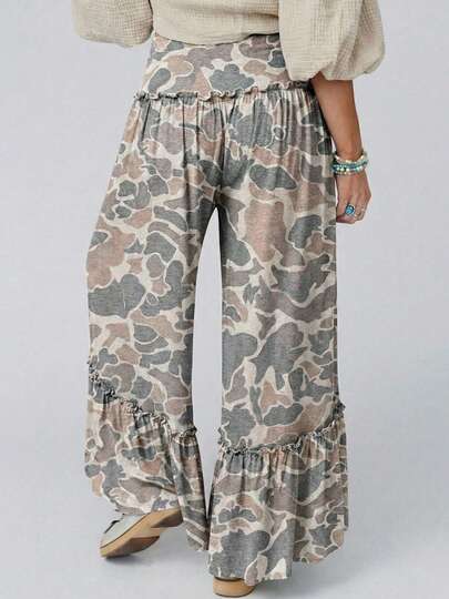 Women Camo Print Wide Leg Pants Ins European Style Loose Ruffle Hem Casual Trousers Summer
