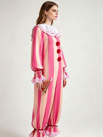 Halloween Women's Clown Costume, Pink Striped Jumpsuit Cosplay Outfit, Complete With All Accessories, Suitable For Party Dressing