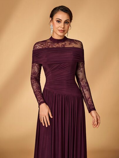 Serin Elegant Glamorous Conservative Romantic Slim Arm Sheer Sleeve Lace Patchwork Elastic Knit Mesh Ruched Full Skirt Suitable For Wedding Events Bachelorette Party Vacation Holiday Gathering Music Festival Graduation Season Evening Gown