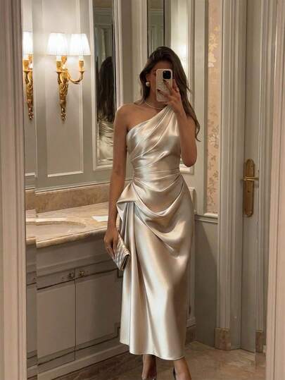 Women's Summer Evening Midi Dress, Elegant One-Shoulder Ruched Fitted Style, Satin Fabric, Sleeveless, Champagne Black Blue, Draped Design, Luxurious