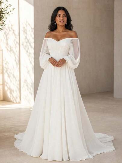 ZIUH Marvellea Elegant Off Shoulder Puff Long Sleeve Chiffon Maxi Dress A Line Flowy Wedding Bridal Gown Formal Party Evening Gown