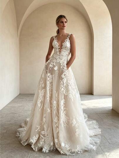 Romantic Lace A-Line Wedding Dress, Deep V Sleeveless Chiffon Bridal Gown