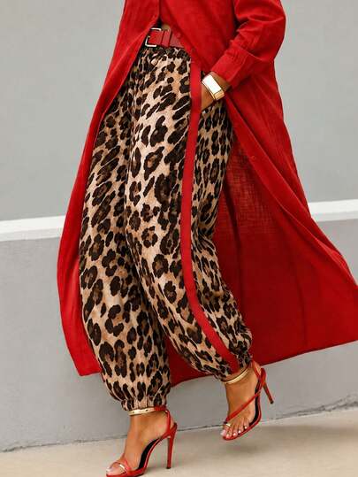 Women Leopard Print Jogger Pants, High Waisted Elastic Waistband Red Side Stripe Loose Cuffed Trousers For Streetwear Daily Casual Outfits