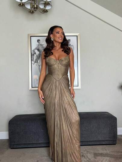 Glam Old Money Metallic Pleated Corset Bustier Spaghetti Strap Bodycon Maxi Evening Gown Formal Prom Party Dress