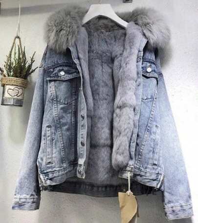 Denim Jacket With Fur Collar, Faux Fur Lined Jean Coat, Women Winter Denim Coat, Distressed Warm Denim Jacket, Fluffy Fur Collar Denim Outerwear