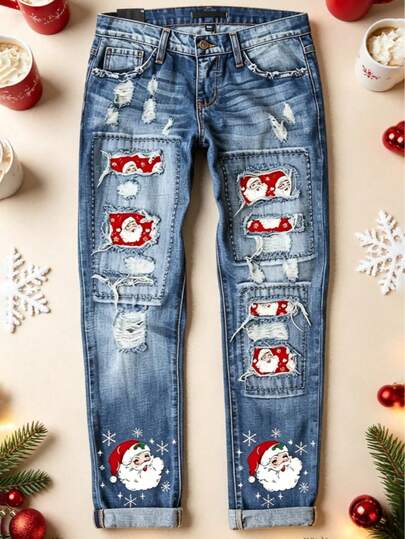 Women's Retro Jeans, With Multiple Frayed Edges And Holes, High Waisted Women's Straight Leg Jeans, Autumn New Christmas Women's Jeans
