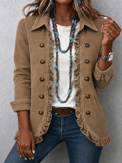Women's Fall And Winter New Style Frilled Hem Short Jacket With A Turned-Down Collar And Double Row Buttons And Frilled Edges.