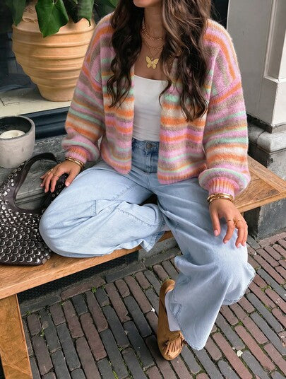 SEREN New Autumn/Winter Striped Long Sleeve Buttonless Women's Knit Cardigan, Loose Casual Y2K Top, Women's Sweater Jacket, Suitable For Daily Wear