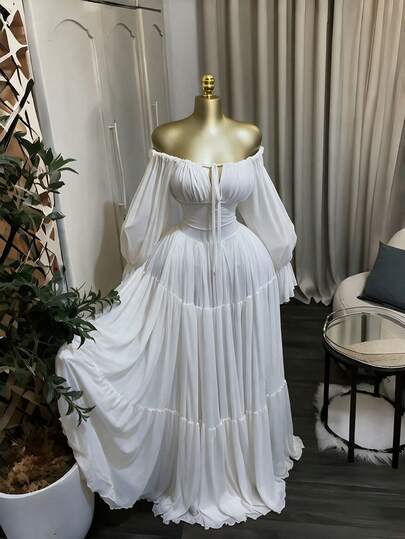 Women Off Shoulder Long Sleeve White Chiffon Maxi Dress, Ruched Bust Tiered Flowy Long