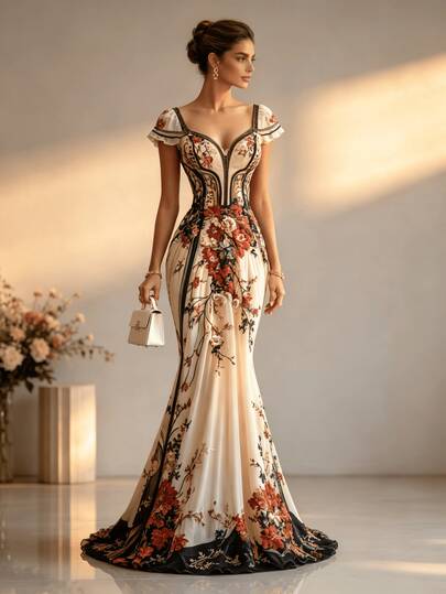 Women's Romantic Deep V-Neck Short Sleeve Cream Red Floral Embroidered Black Trim Maxi Dress All Season Formal Gala Wedding Guest