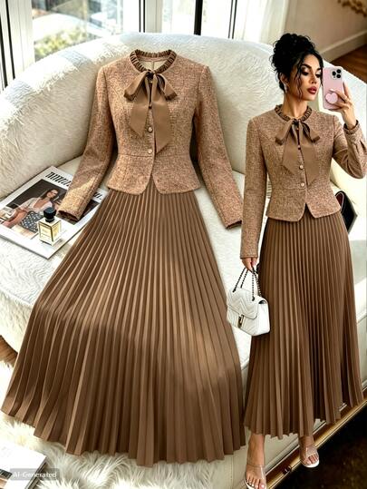 GlowEve Women's Elegant Commute Solid Color Button Design Bow Long Sleeve Jacket And Pleated Skirt 2 Pieces Set