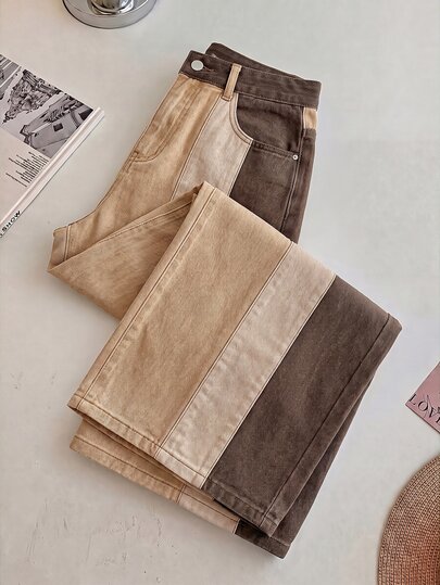 GlowEve Women's Color Block Patchwork Fashion Denim Jeans, Urban Renaissance Street Style, Casual Fashion Creative Personalized Streetwear