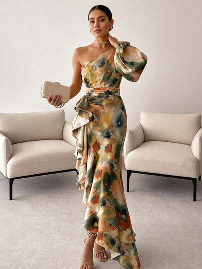 Women's Elegant Summer One-Shoulder Abstract Print Maxi Dress, Long Bishop Sleeves