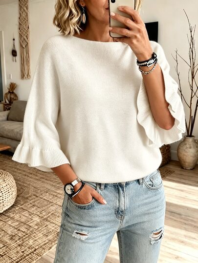 Elouméa Vintage American Style Mature Woman Aesthetic Slim Fit Flattering Elastic Soft Knit Sweater