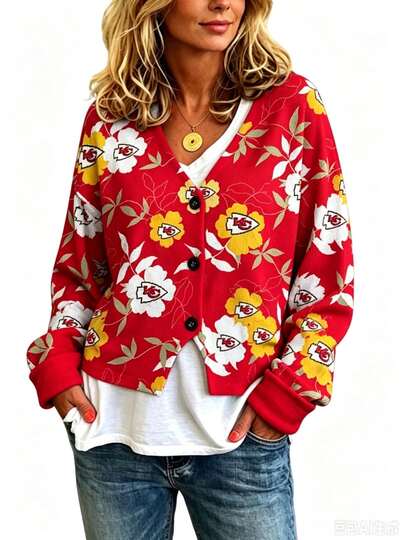N-FL Kansas City Ch-Iefs Print Women Casual V-Neck Button Front Long Sleeve Drop Shoulder Cropped Knit Cardigan Loose Fit Lightweight