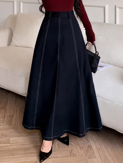 Solavon Women's Fashion Contrast Stitching Elegant Long Skirt