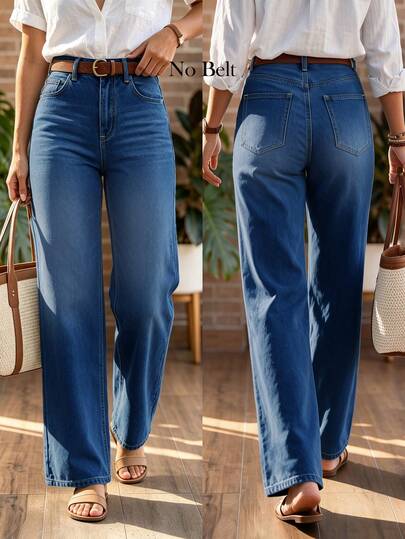 Women's High-Waist Loose Wide-Leg Jeans In Washed Blue With Stretch Fabric