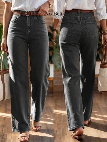 Women's High Waist Loose Wide Leg Jeans In Washed Grey Stretch Fabric