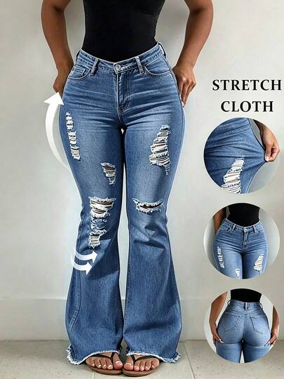 Women Dark Wash High Waist Ripped Flare Jeans, Distressed Layered Frayed Denim Pants Raw Hem Bell Bottom Casual Trousers