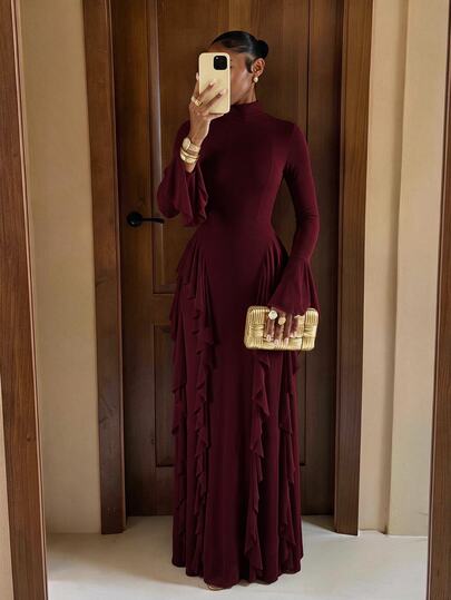 Lumalex Elegant Women's Long Sleeve High Neck Ruffle Hem Full Skirt Dress