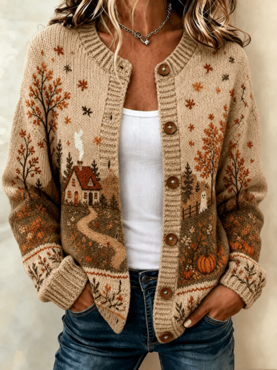 Retro Casual Halloween Pumpkin Pattern Printed French Style Outfit For Daily Commuting 3D Printed Faux Fur Button Cardigan Top