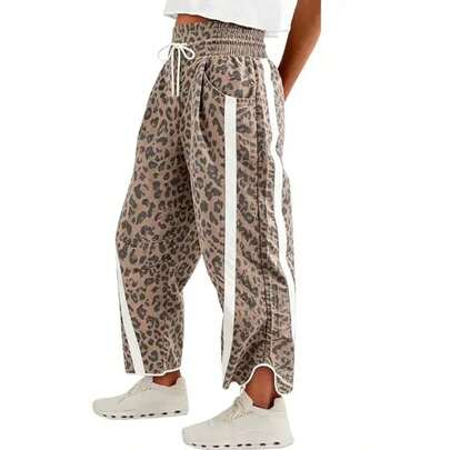 Women's Baggy Wide Leg Pants Casual Elastic High Waisted Drawstring Printed Workout Sweatpants