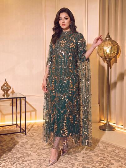 Luxury Women's Green Kaftan Dress, Gold Sequin Embellished, High Neck Evening Gown, Suitable For Holiday Events And New Year Celebrations