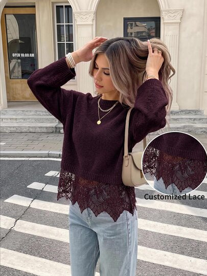 Serisse Drop Shoulder Contrast Lace Sweater Office Autumn Casual Elegant,Fall/Winter Elegant Formal Business Chic Back To School Burgundy/Wine
