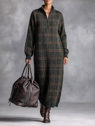 LUMIGAL Autumn/Winter New Versatile Wide Plaid Over-The-Knee Long Loose Casual Elegant Plaid Dress