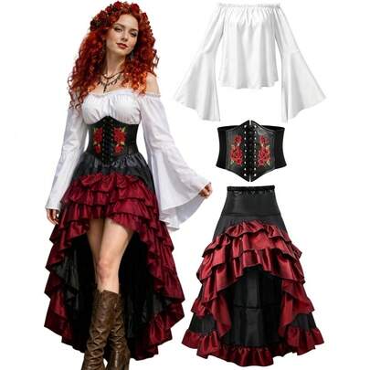 Women's Elegant Pirate Costume Set Off Shoulder Ruffle Long Sleeve Bandeau Top And Asymmetrical Ruffle Hem Skirt With Corset For Party