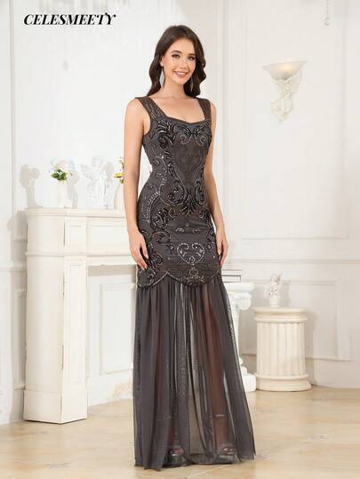 Elegant Luxury Vintage Grey Accent Sleeveless Evening Gown, Suitable For Parties, Gatherings, Holidays, Dates, Wedding Guests