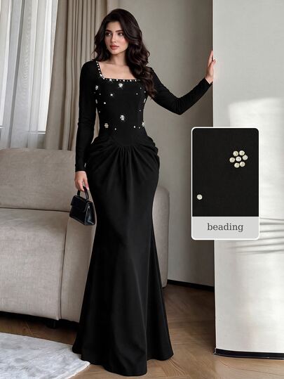 NOVVYNE Women's Square Neck Long Sleeve Beaded Mermaid Dress, Elegant Formal Evening Gown, Fall Winter Wedding Guest Party Long Dress