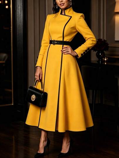 Urban Color Block Stand Collar Maxi Dress With Belt